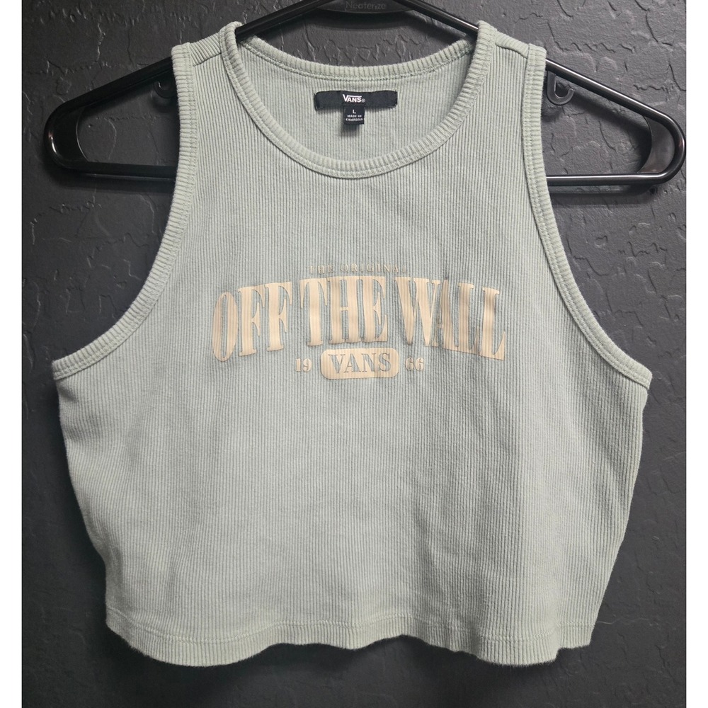Vans Off The Wall Ribbed Crop Tank Top Sage Green‎ Graphic Sleeveless Shirt L